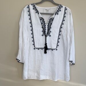 J. Jill 100% Linen White Tunic with Navy Embroidery. Women size‎ Large Petite